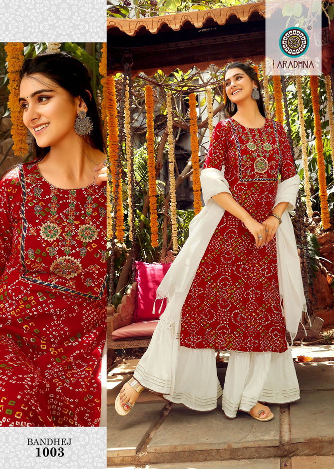 Aradhna Bandhej 1 Fancy Heavy Festive Wear Rayon Printed Kurti Sharara With Dupatta Collection